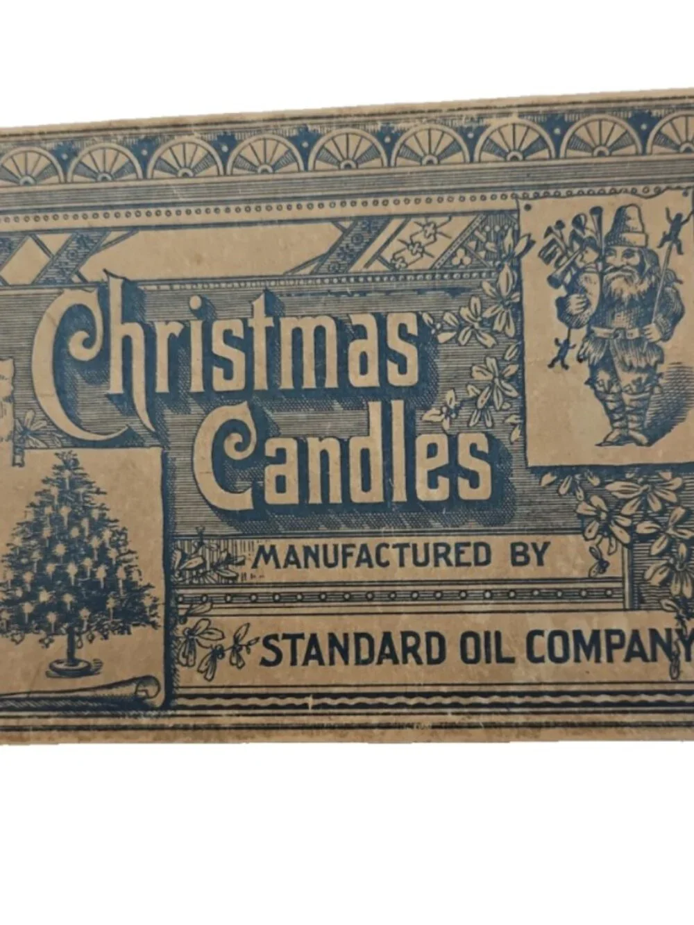 Antique 1800s Christmas Time Capsule Box Petroliana Wood Puzzle Toy Card Crayons